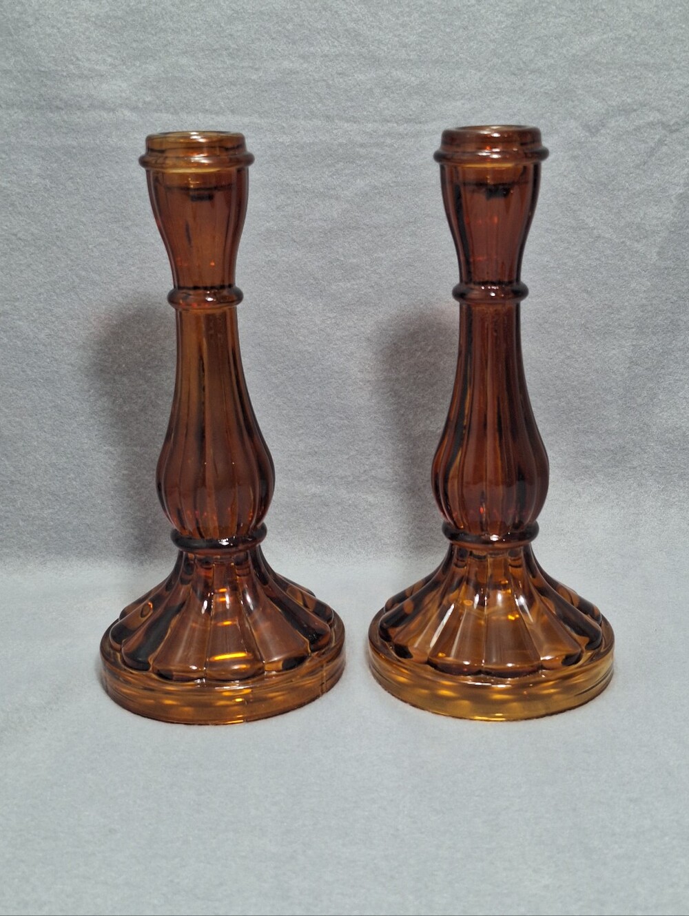 Pair Of Amber Glass 8 Inch Taper Candle Holders Fall Autumn Thanksgiving Decor